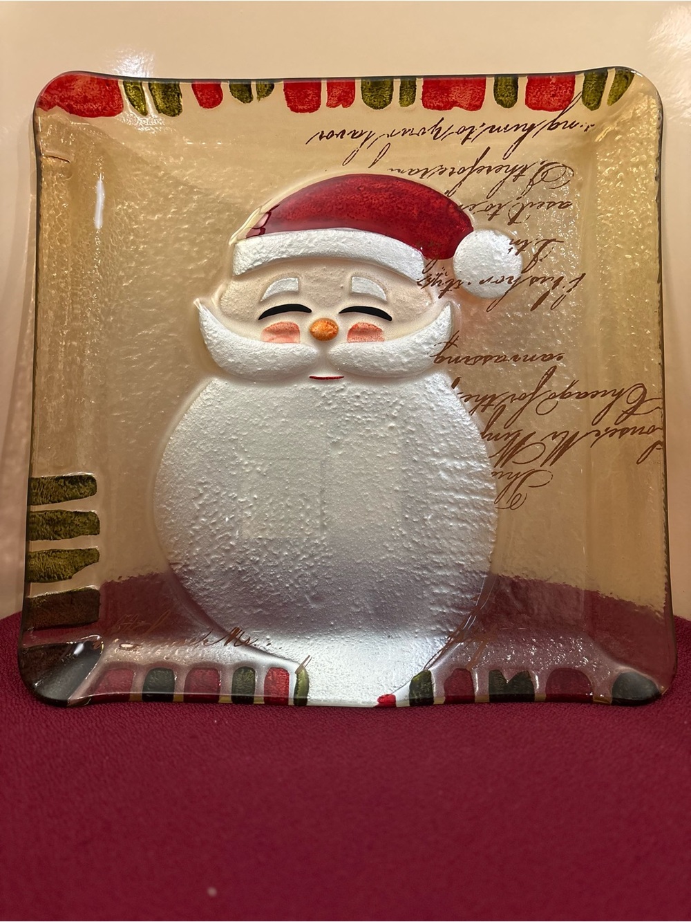 Creative Co-op  Santa Claus Glass Square Platter Embossed.   10 7/8”. NWT